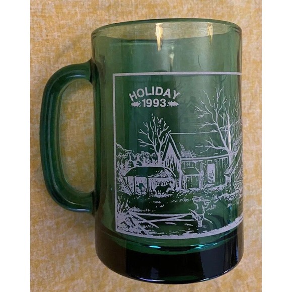 Vintage Currier And Ives Style - Holiday/Christmas - 1993 Green Glass Coffee Mug - Picture 1 of 5